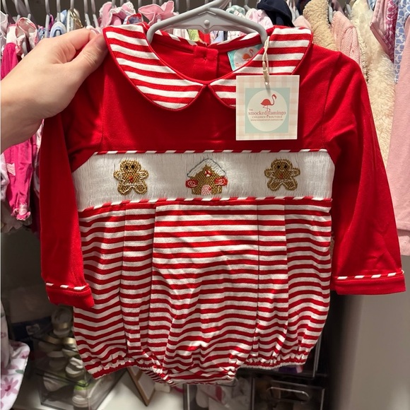 The Smocked Flamingo Other - The Smocked Flamingo Red Striped Baby Romper with Gingerbread Design